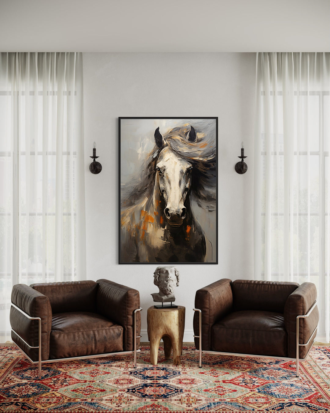 Brown Abstract Horse Framed Canvas Wall Art in living room