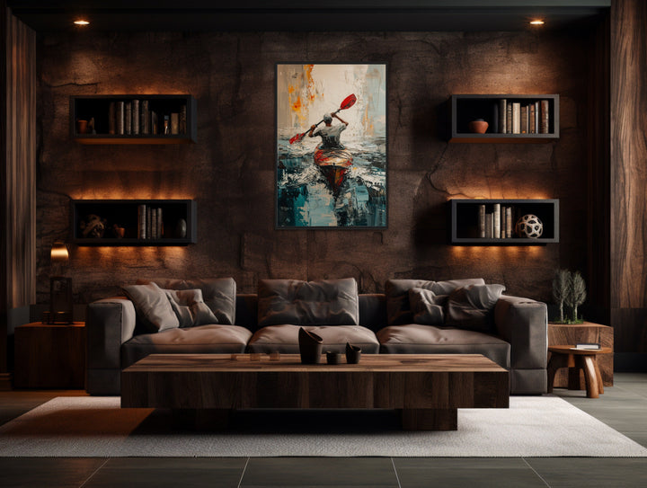 Kayaker In The Lake Abstract Framed Canvas Wall Art in man cave