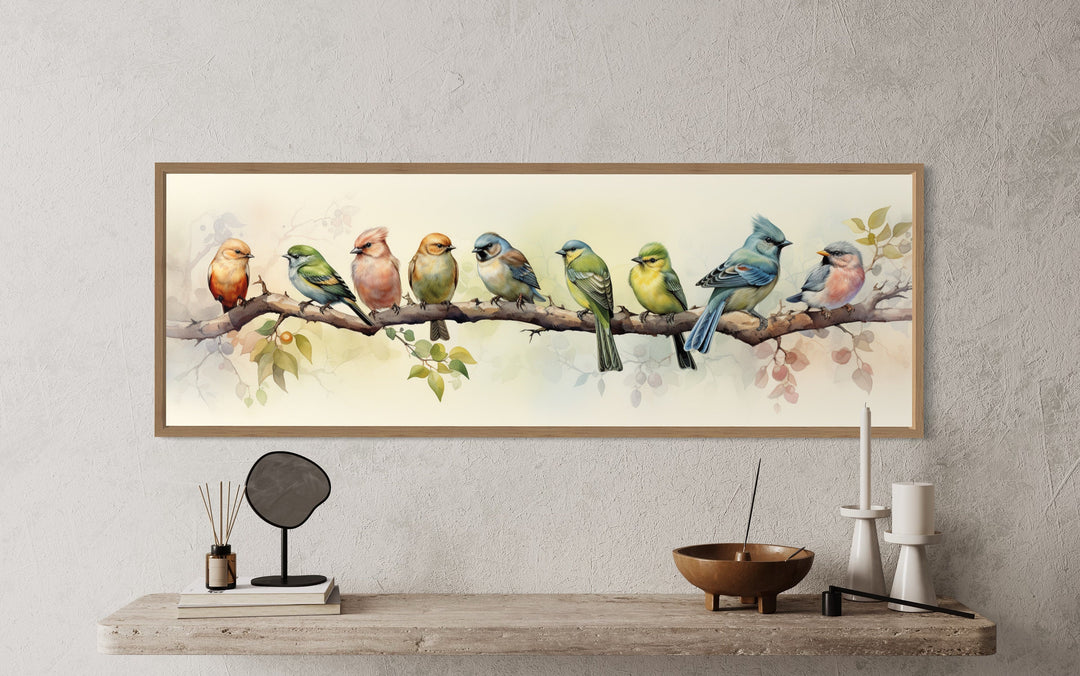 Horizontal Small Colorful Birds On a Branch Canvas Wall Art