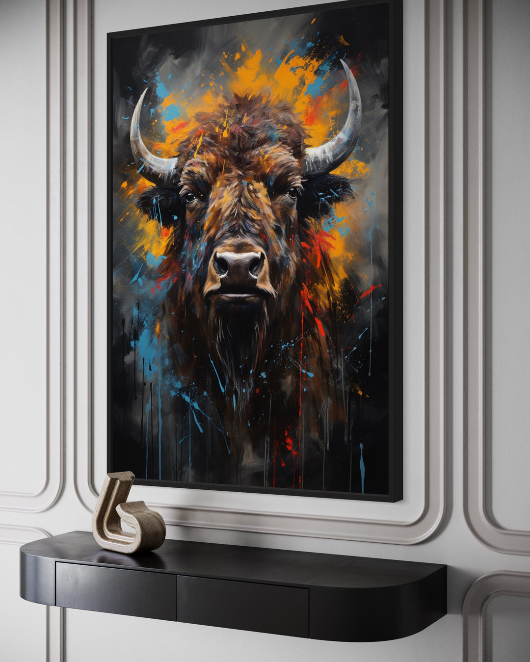 Colorful Bison Abstract Painting Framed Canvas Wall Art side view