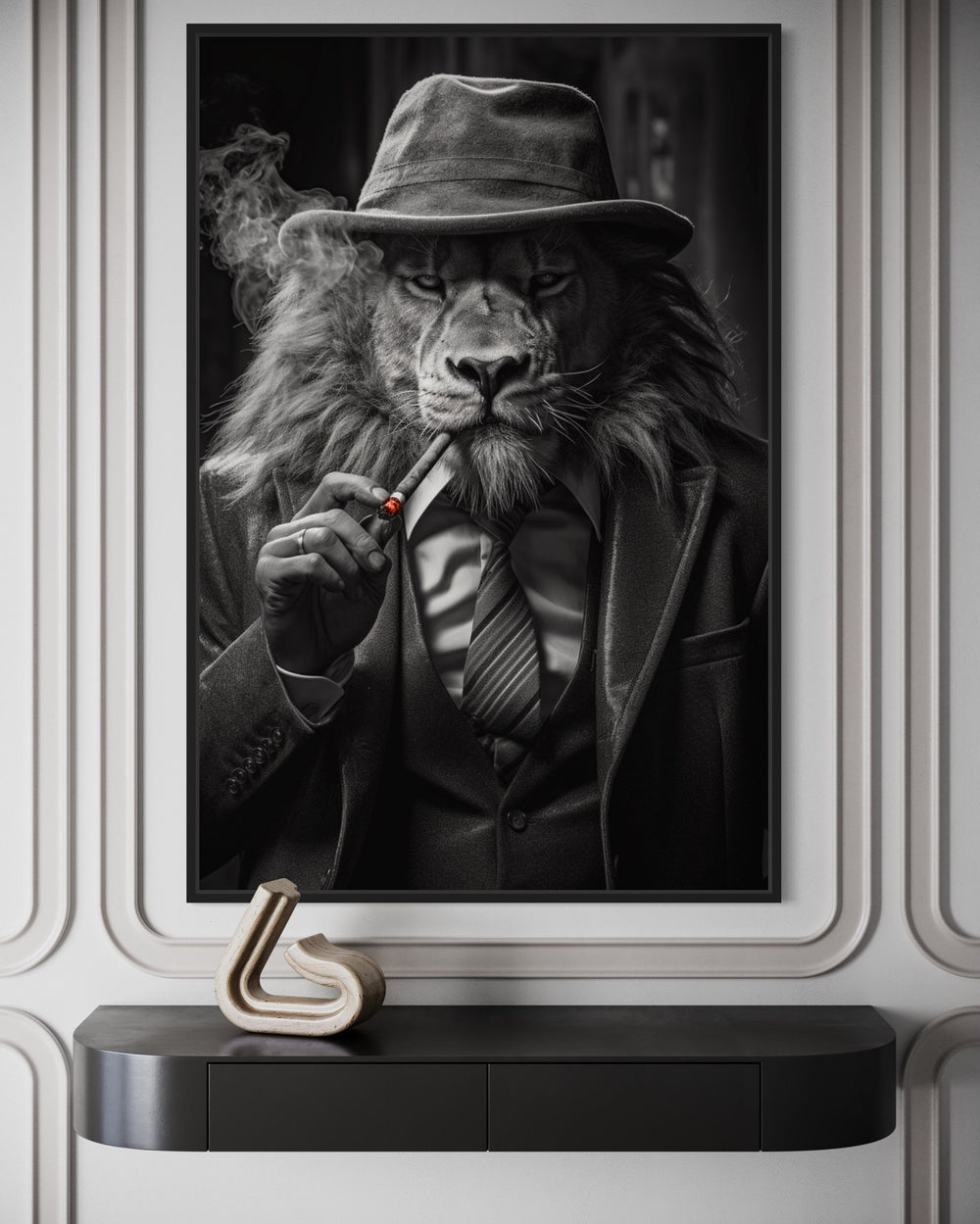 Lion In Suit Smoking Cigar Framed Canvas Wall Art