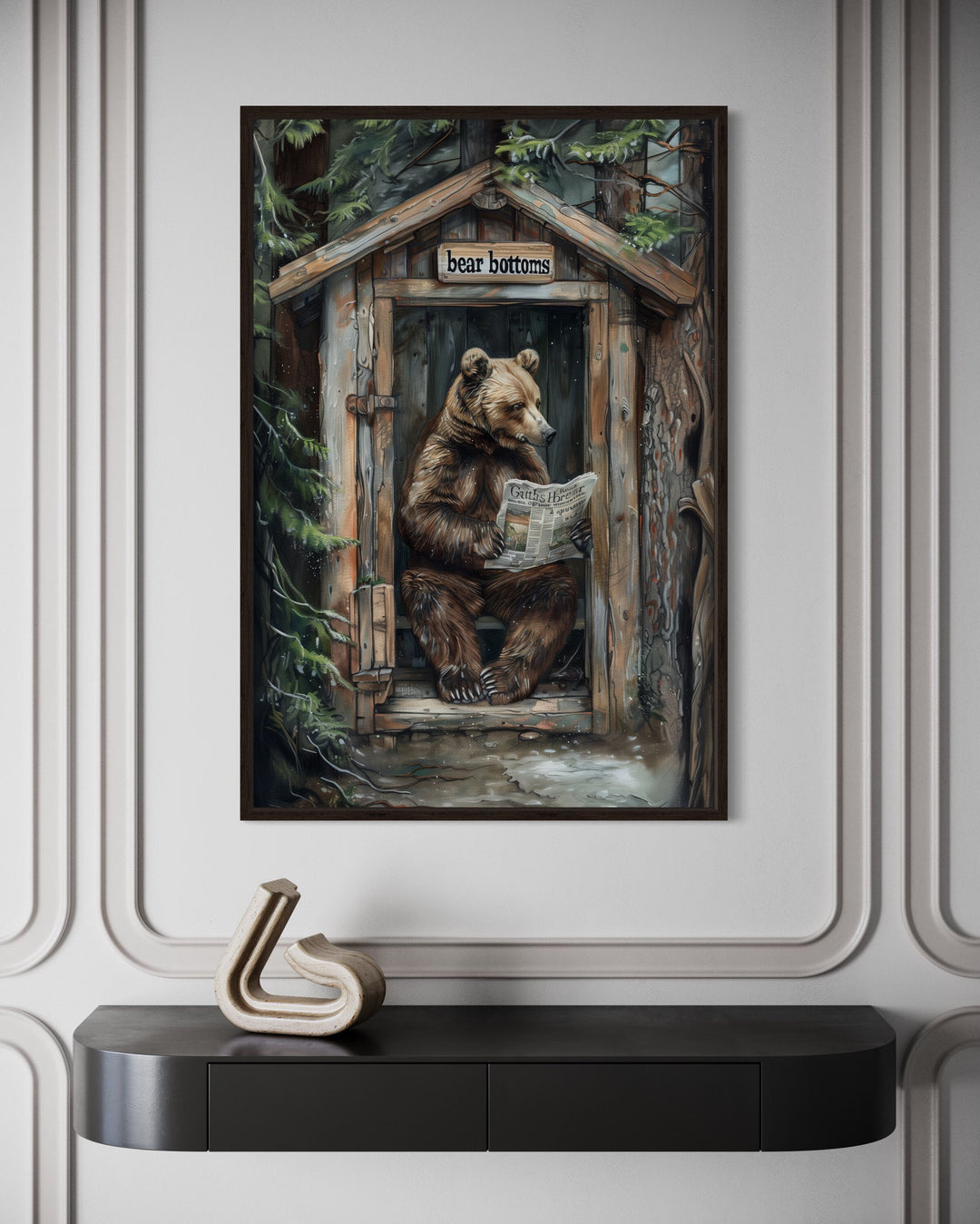 Bear In Outhouse Toilet In The Forest Reading Newspaper Cabin Wall Art