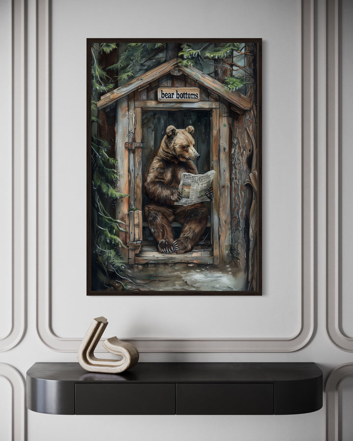 Bear In Outhouse Toilet In The Forest Reading Newspaper Cabin Wall Art