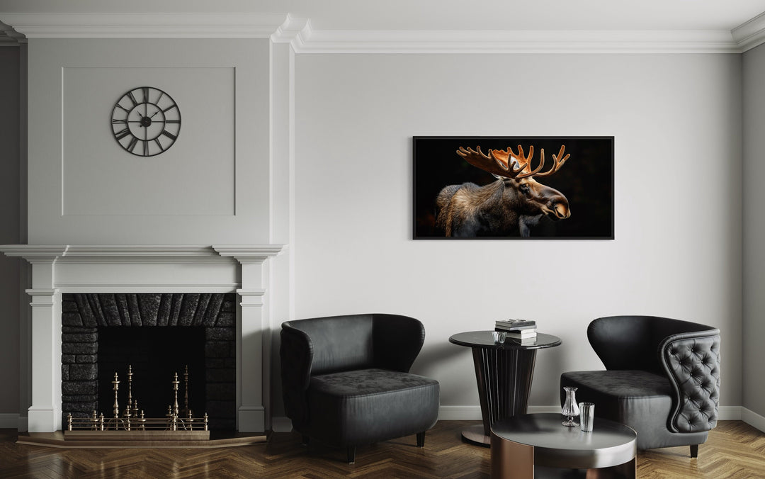 Dark Moose On Black Background Extra Large Framed Canvas Wall Art in the office