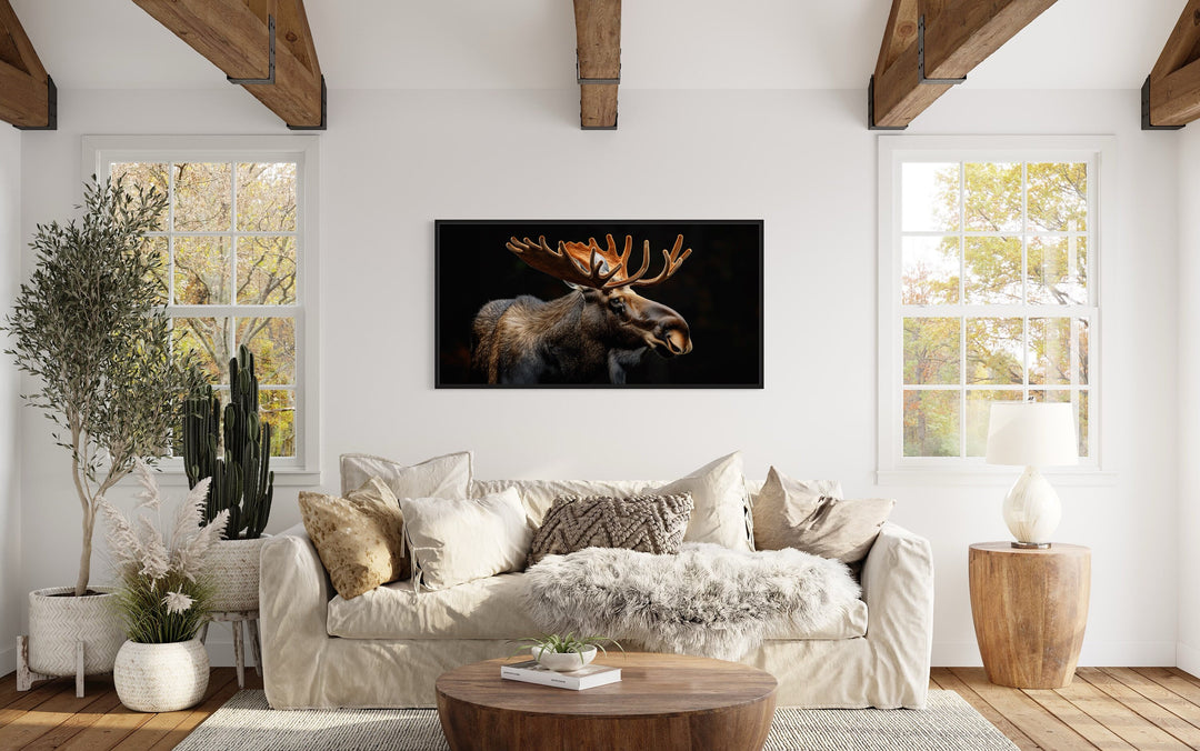 Dark Moose On Black Background Extra Large Framed Canvas Wall Art above beige couch