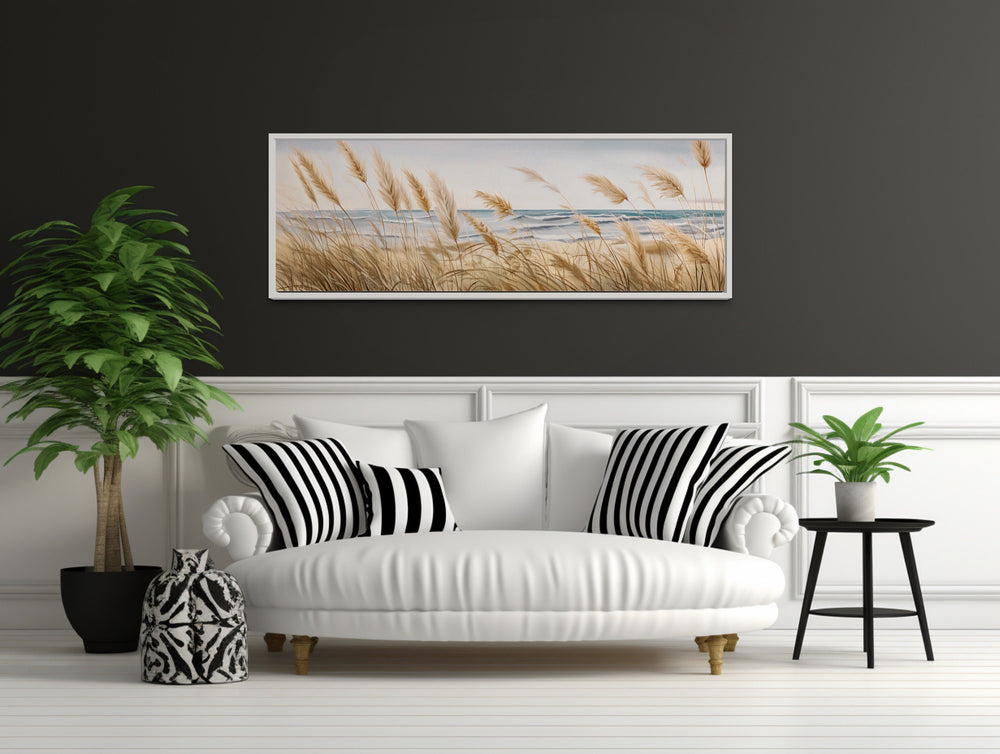 Pampas Grass On The Beach Horizontal Neutral Framed Canvas Wall Art above white couch