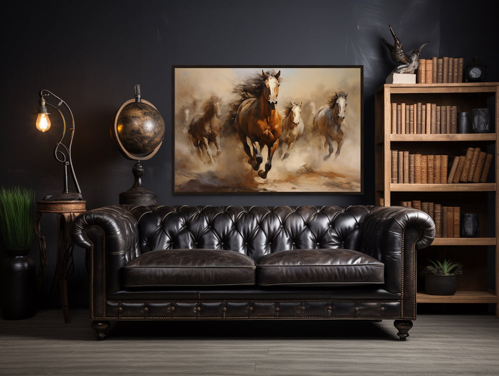 Herd of Wild Horses Galloping Framed Canvas Wall Art in the dark room