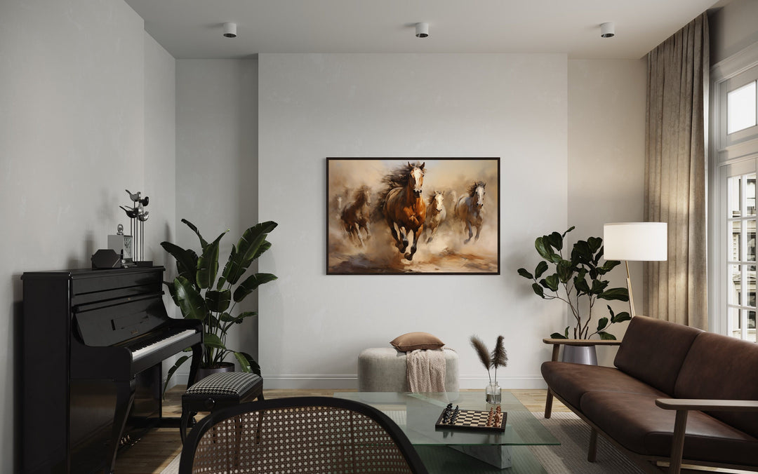 Herd of Wild Horses Galloping Framed Canvas Wall Art in living room