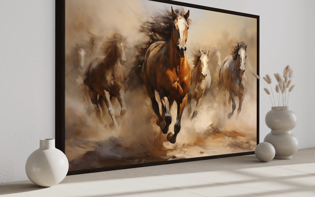 Herd of Wild Horses Galloping Framed Canvas Wall Art side view