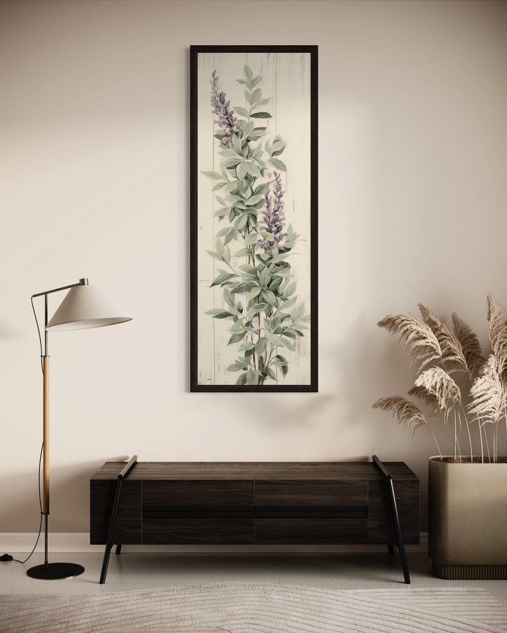 Tall Narrow Sage Green Basil Leaves Purple Flowers Vertical Framed Canvas Wall Art in living room