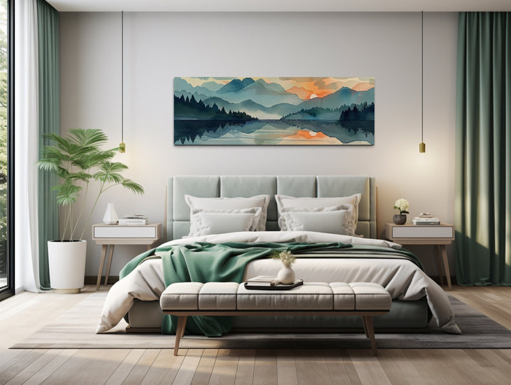 Long Horizontal Mountain Lake Sunset Landscape Watercolor Wall Art above bed