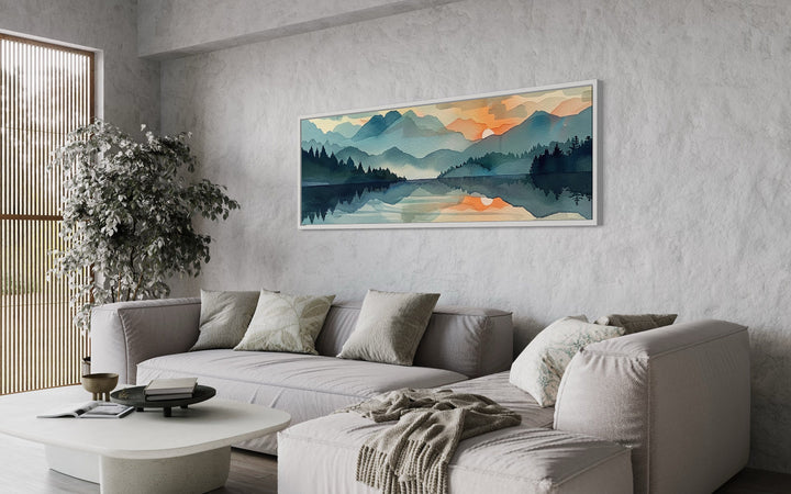 Long Horizontal Mountain Lake Sunset Landscape Watercolor Wall Art side view