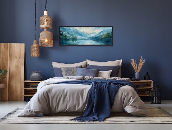 Long Narrow Horizontal Lake Landscape Panoramic Wall Art above bed