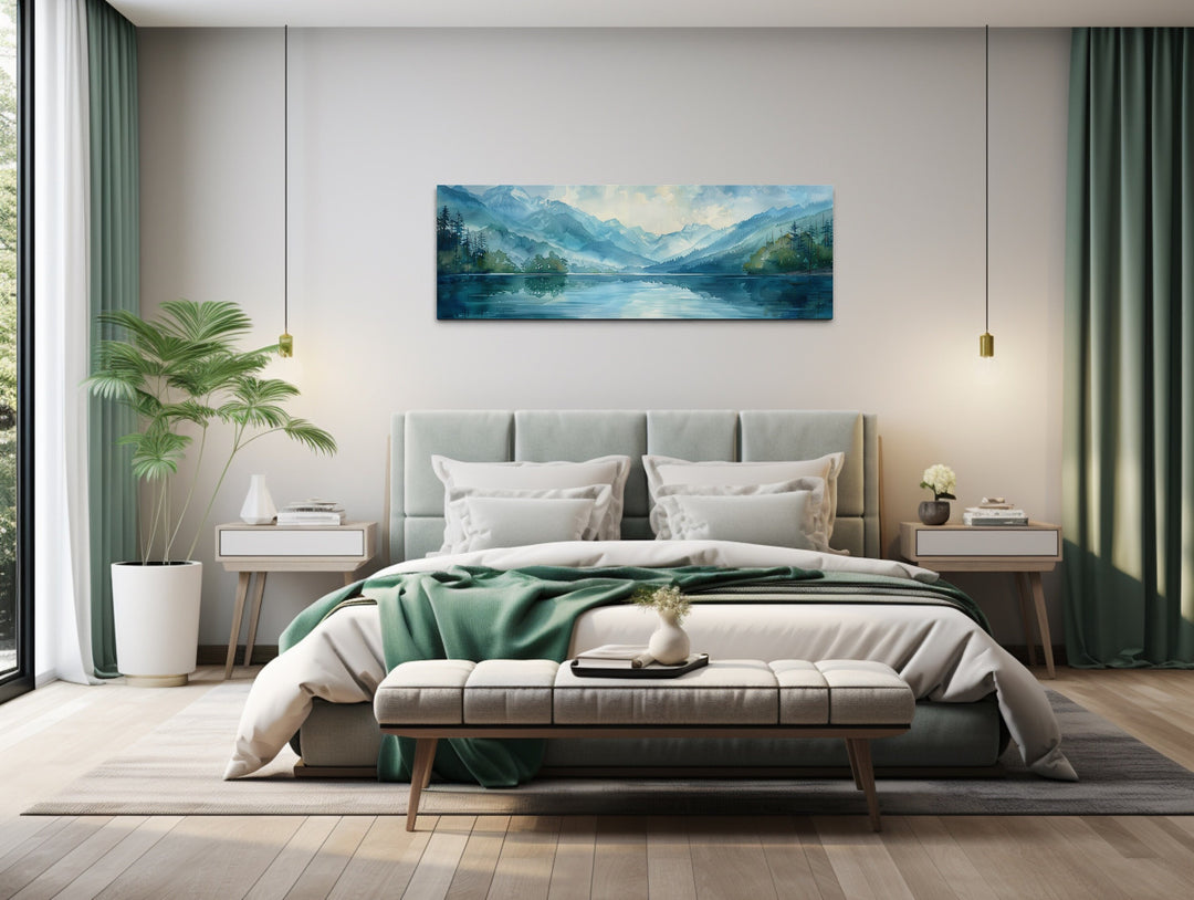 Long Narrow Horizontal Lake Landscape Panoramic Wall Art above bed