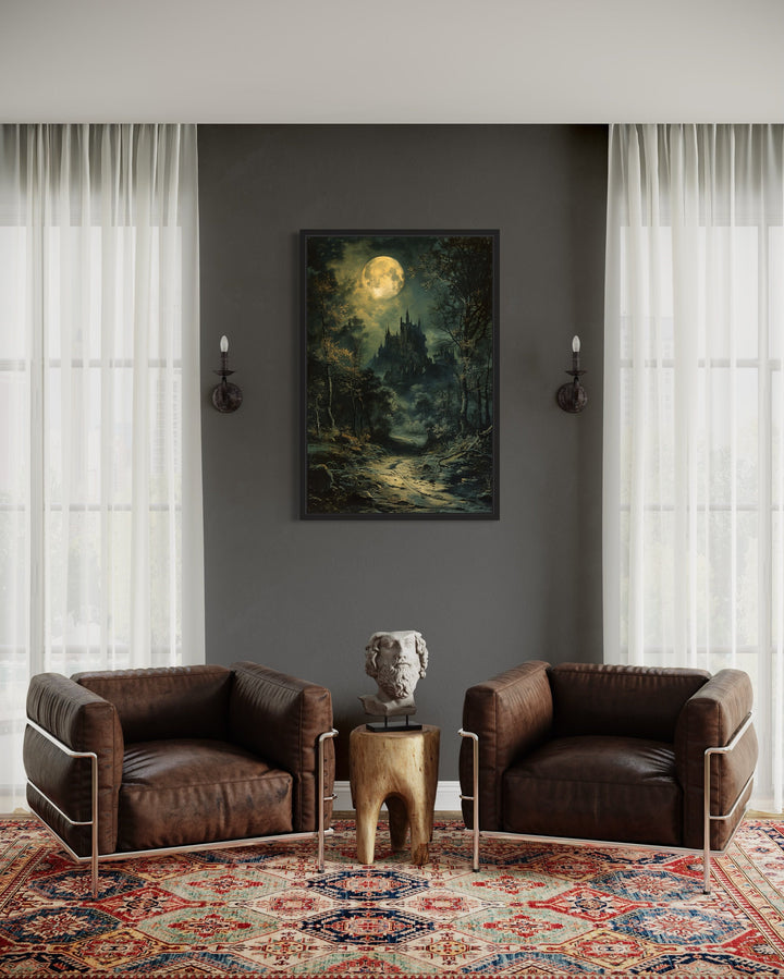 Dark Moonlit Gothic Vampire Castle Framed Canvas Wall Art in living room