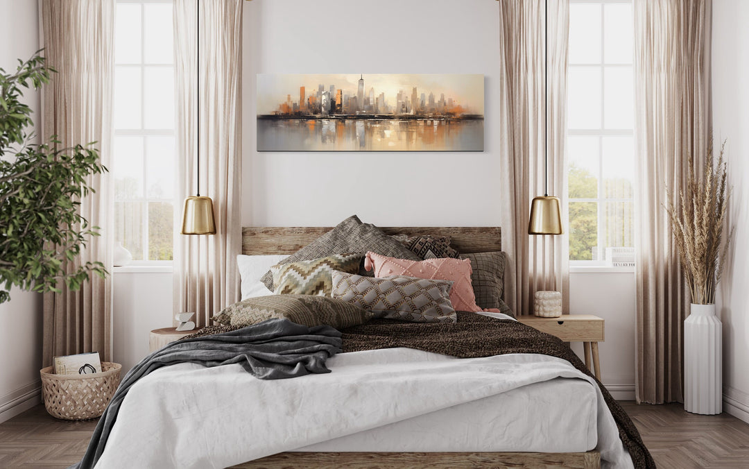 Gold And Silver Abstract New York City Skyline Horizontal Wall Art above bed