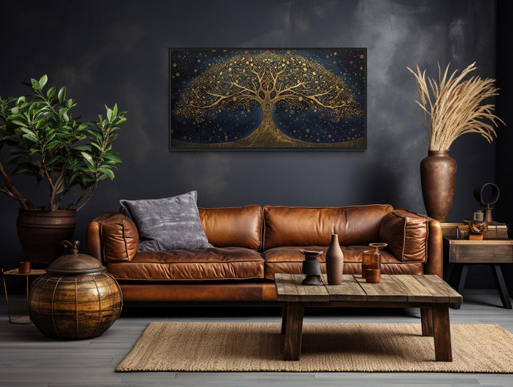 Yggdrasil Tree Of Life Gold Navy Blue Luxury Framed Canvas Wall Art