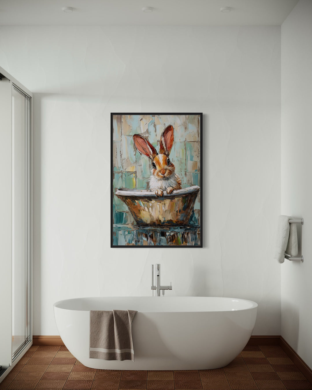 Cute Rabbit In The Bathtub Framed Canvas Wall Art in bathroom