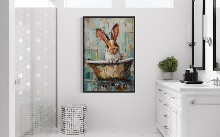 Cute Rabbit In The Bathtub Framed Canvas Wall Art in washroom
