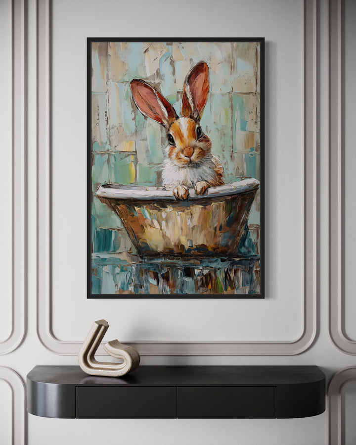 Cute Rabbit In The Bathtub Framed Canvas Wall Art close up