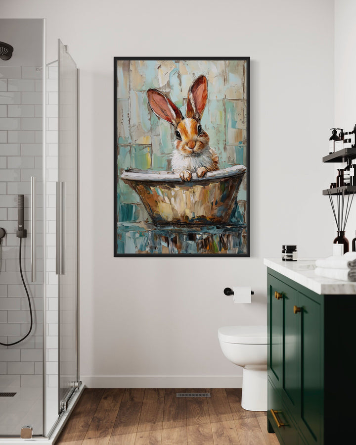 Cute Rabbit In The Bathtub Framed Canvas Wall Art