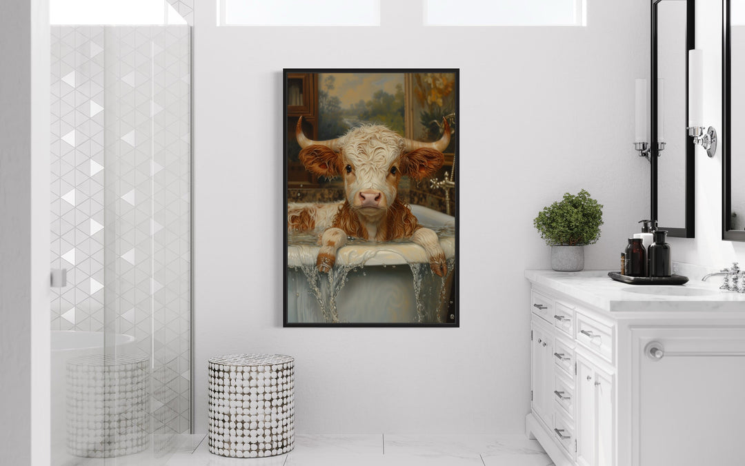 Baby Highland Cow In The Bath Tub Framed Canvas Wall Art in white bathroom