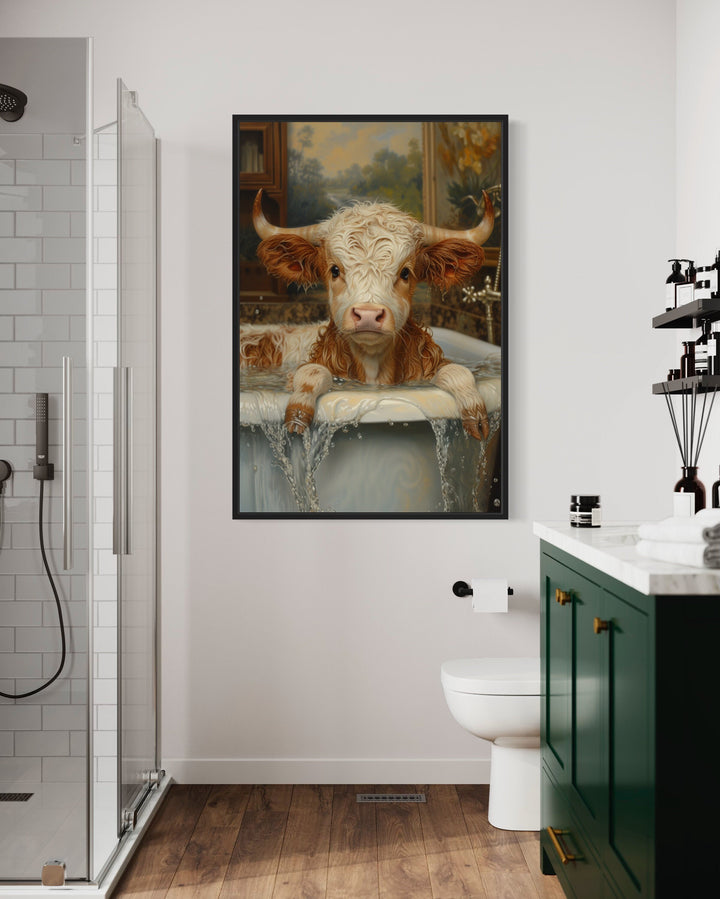 Baby Highland Cow In The Bath Tub Framed Canvas Wall Art