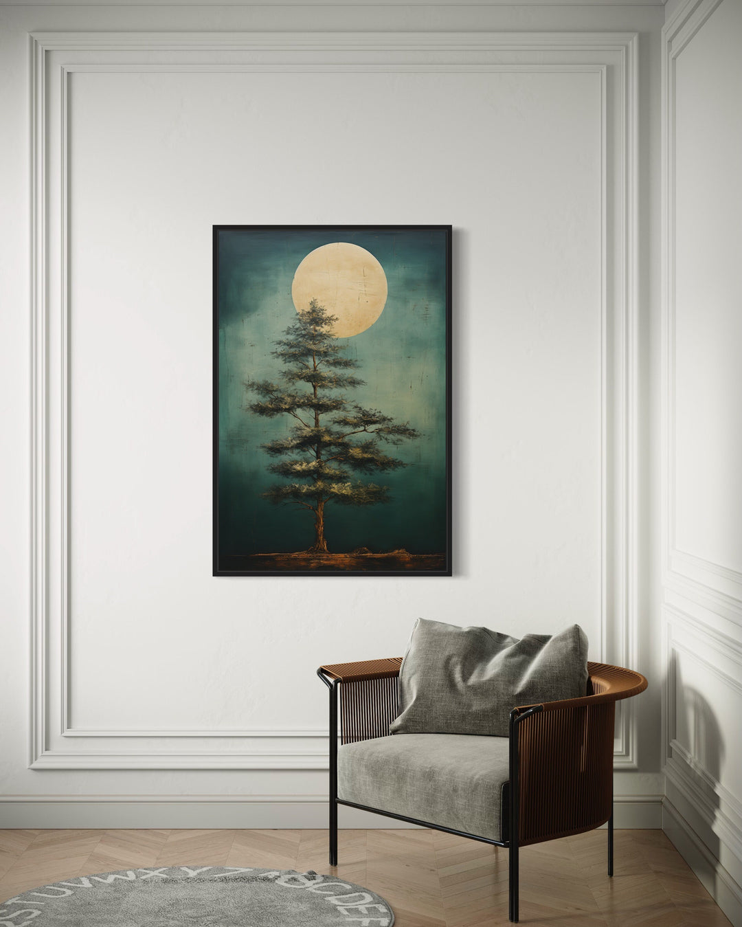 Vintage Tree And Moon Emerald Green Framed Canvas Wall Art in big room