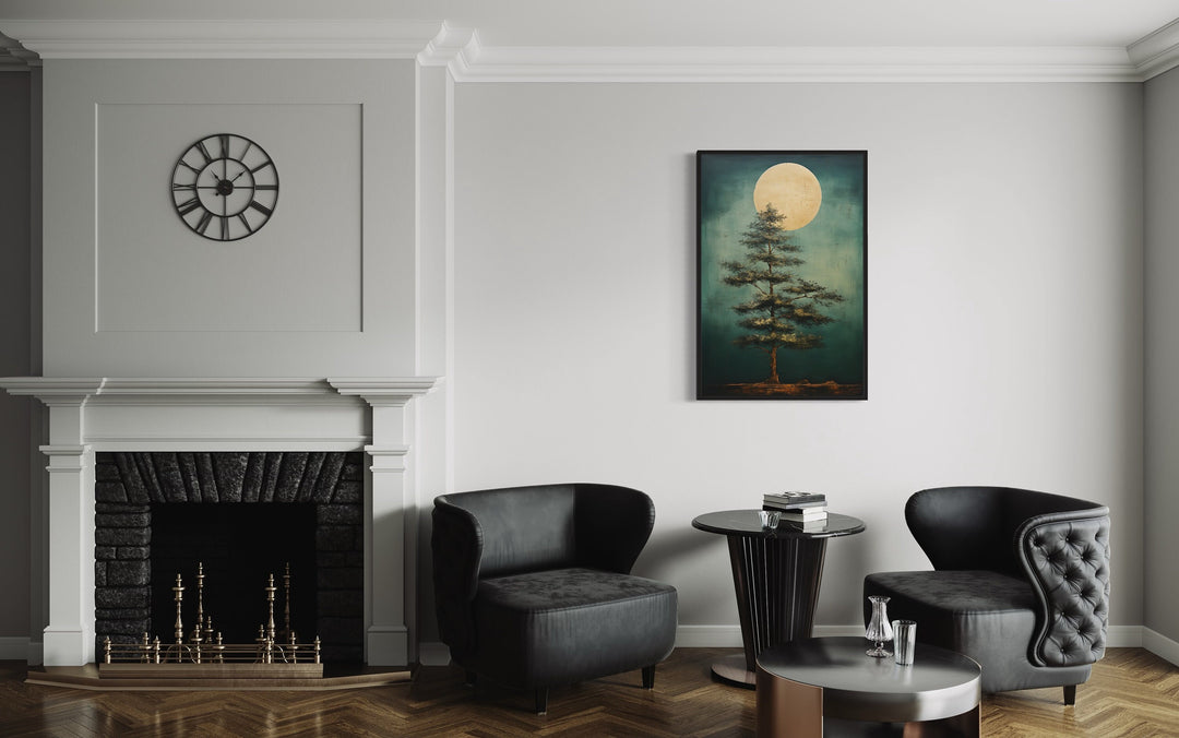 Vintage Tree And Moon Emerald Green Framed Canvas Wall Art in modern office