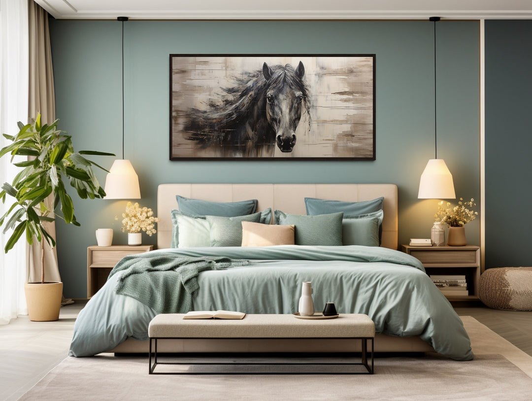 a bedroom with a large painting of a horse on the wall