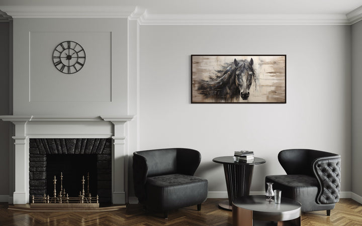 Black Horse Rustic Painting On Wood Framed Canvas Wall Art