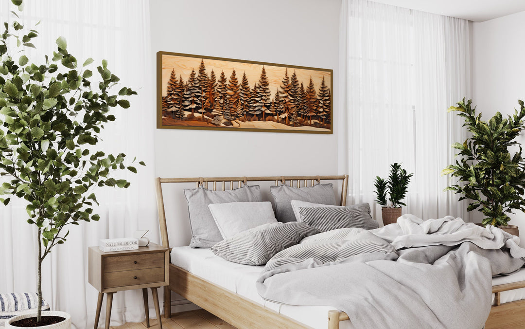 Pine Forest Wood Mosaic Painting Long Horizontal Cabin Wall Art above bed