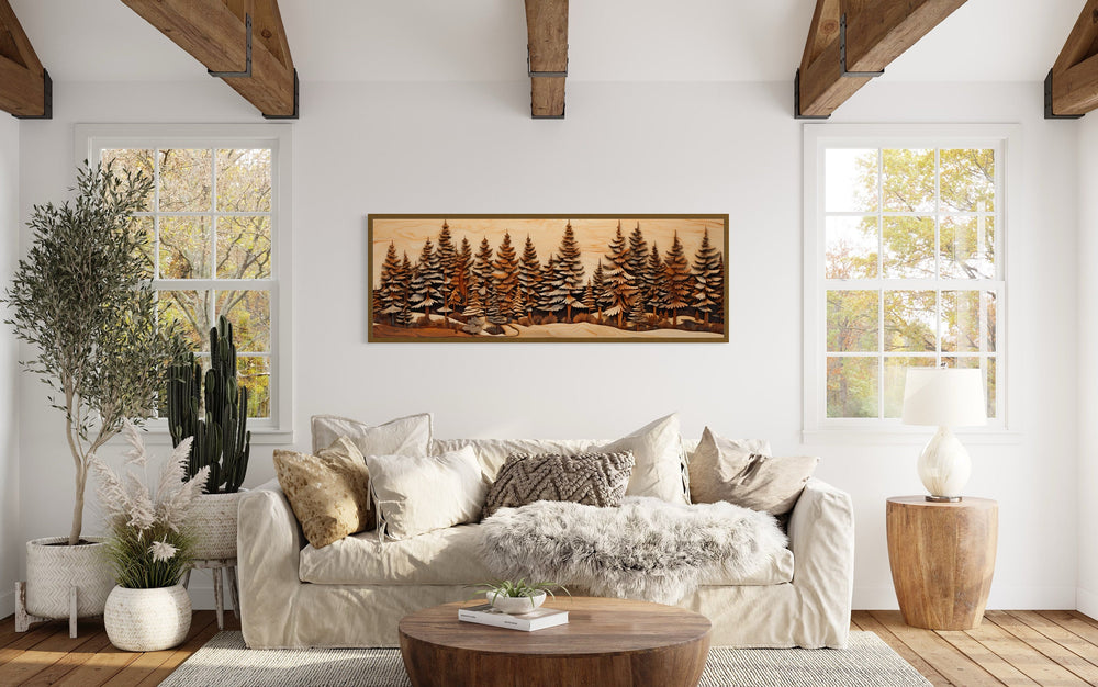 Pine Forest Wood Mosaic Painting Long Horizontal Cabin Wall Art above beige couch