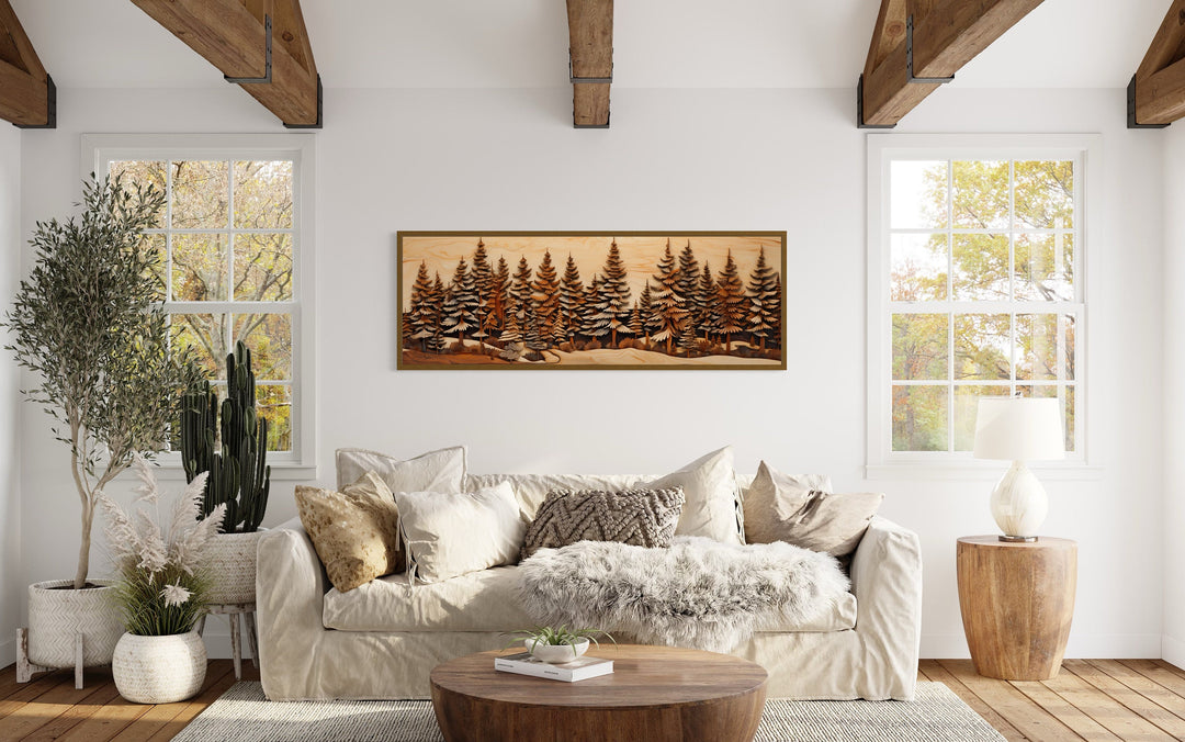 Pine Forest Wood Mosaic Painting Long Horizontal Cabin Wall Art above beige couch