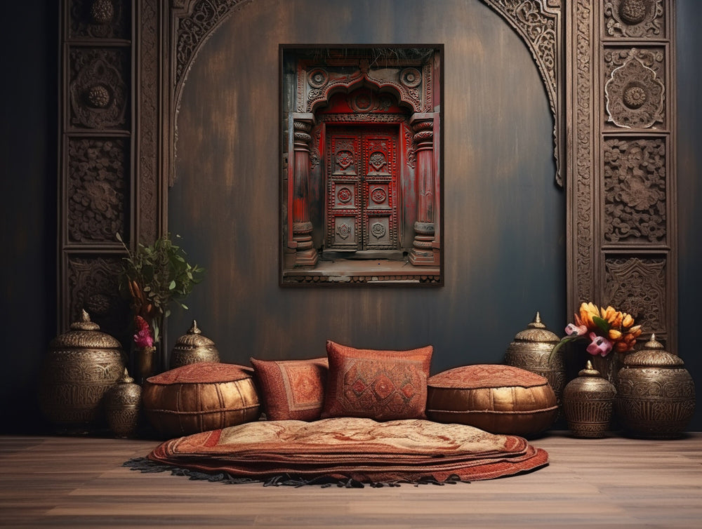 Indian Door Painting Canvas Wall Art "Threshold of Heritage" above red pillows