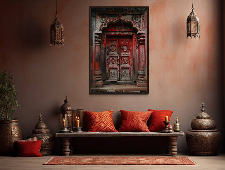 Indian Door Painting Canvas Wall Art "Threshold of Heritage" above wooden counter