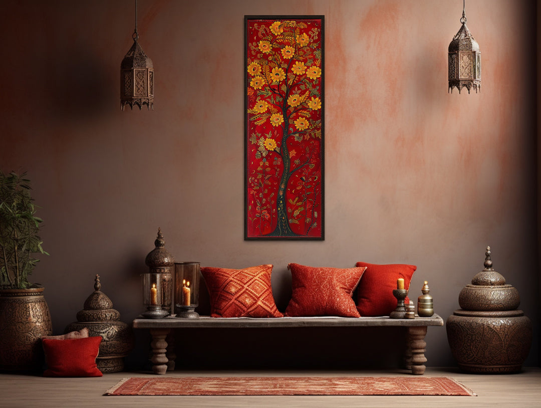 Vertical Narrow Indian Wall Art Abstract Tree Painting over red pillows