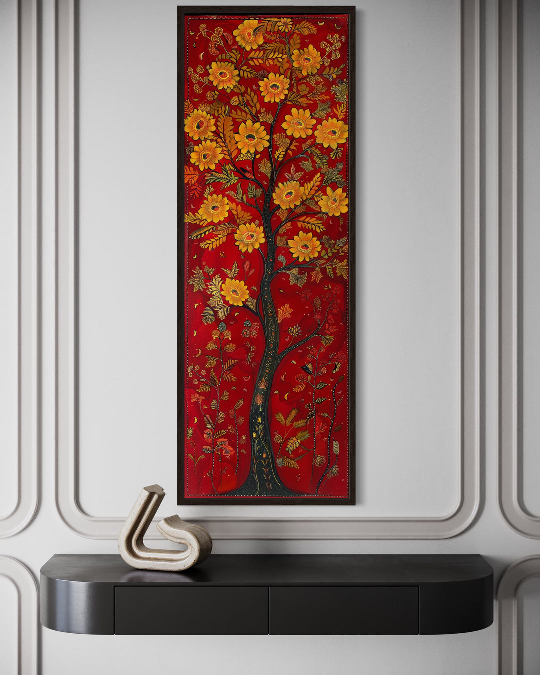 Vertical Narrow Indian Wall Art Abstract Tree Painting close up view