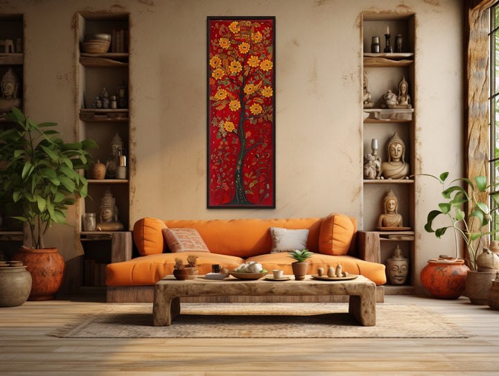 Vertical Narrow Indian Wall Art Abstract Tree Painting over orange couch