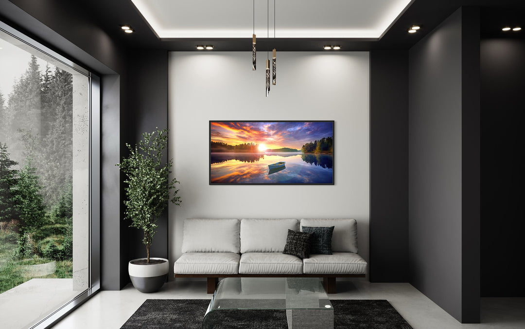 Lake With Boat at Sunrise Framed Canvas Wall Art above couch