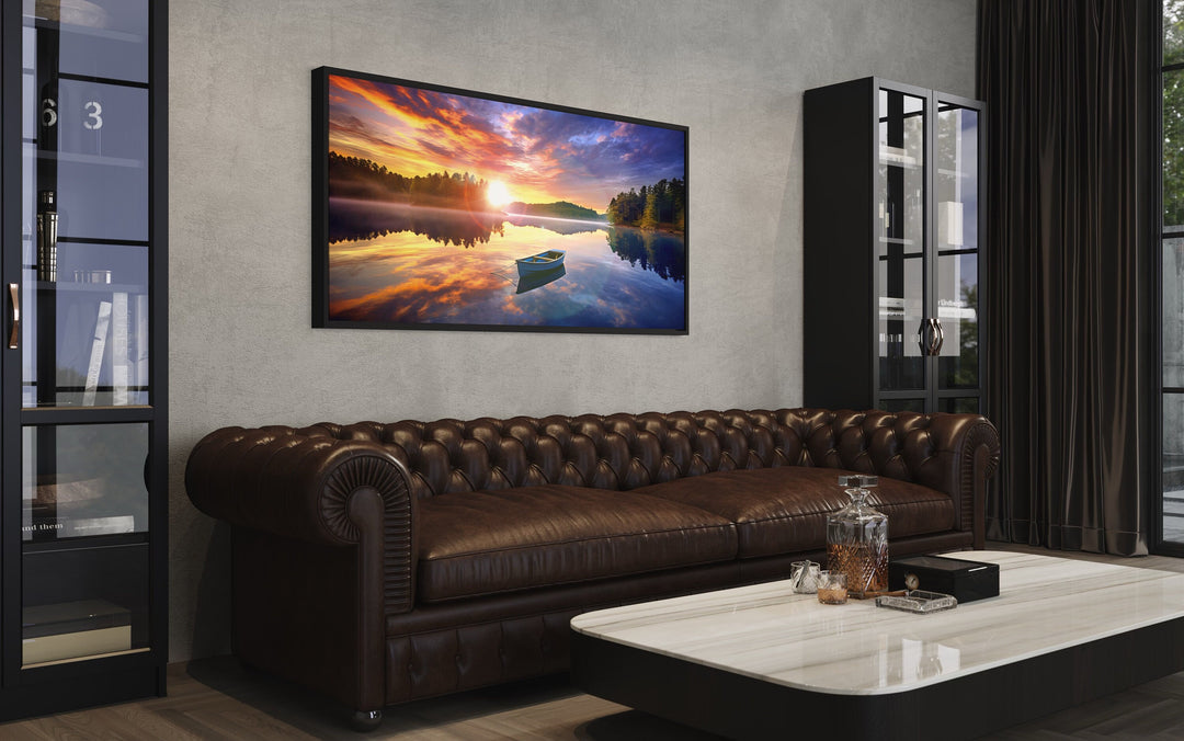 Lake With Boat at Sunrise Framed Canvas Wall Art above couch