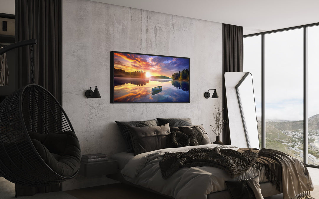 Lake With Boat at Sunrise Framed Canvas Wall Art above bed