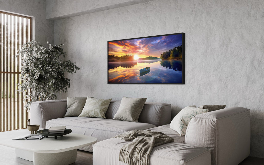 Lake With Boat at Sunrise Framed Canvas Wall Art in living room