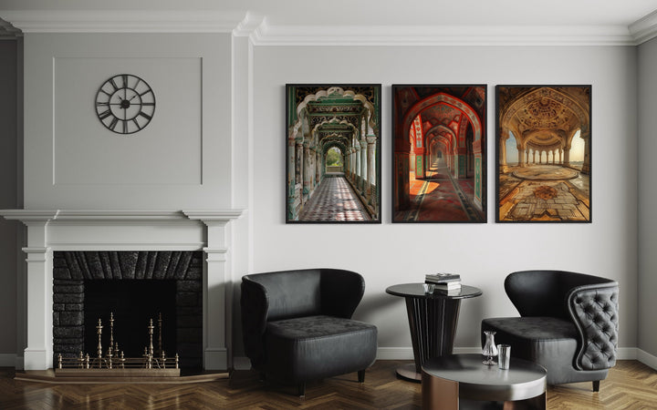 Set Of Three Colorful Indian Mughal Architecture Framed Canvas Wall Art