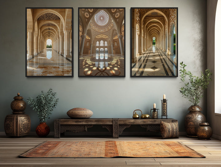 Set Of Three White Beige Middle Eastern Architecture Framed Canvas Wall Art in islamic room