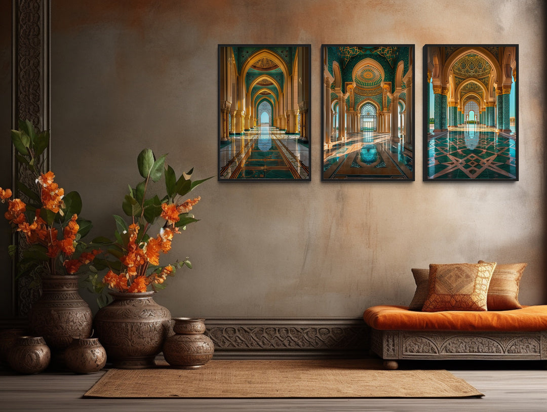 Set Of Three Green Gold islamic Architecture Framed Canvas Wall Art in living room