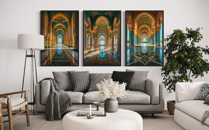 Set Of Three Green Gold Persian Architecture Framed Canvas Wall Art above grey couch