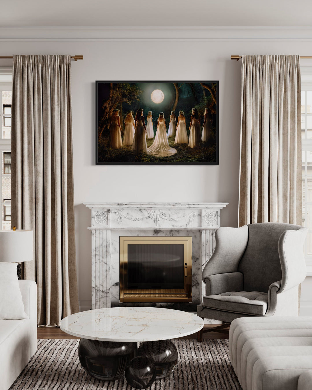 Witches Dancing In Circle In Magical Forest Moon Calling Witch Wall Art above mantel