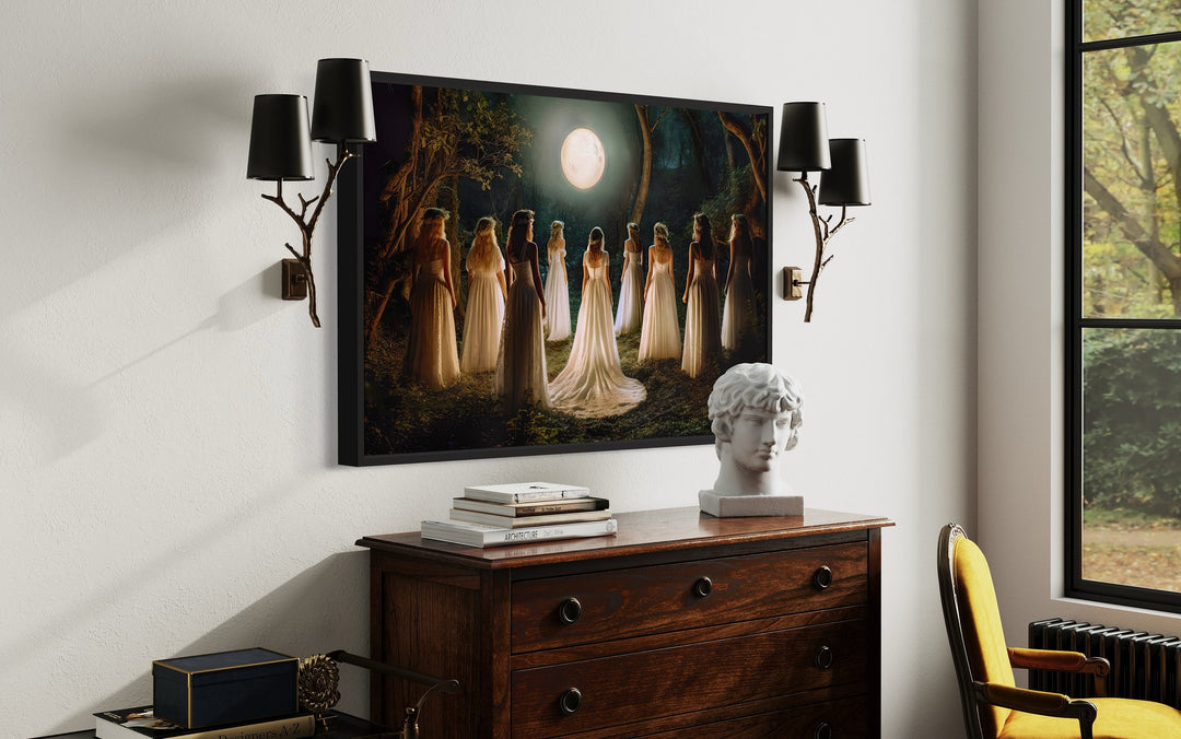 Witches Dancing In Circle In Magical Forest Moon Calling Witch Wall Art side view