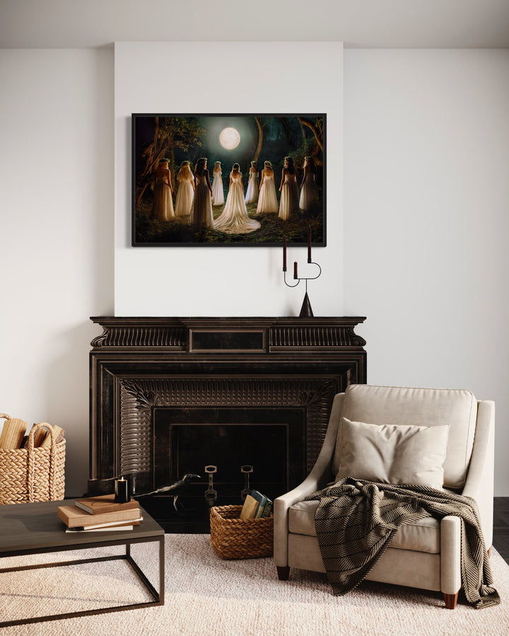 Witches Dancing In Circle In Magical Forest Moon Calling Witch Wall Art above fireplace